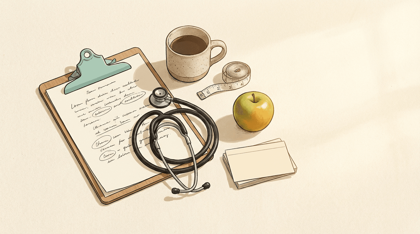 A wellness program desk — clipboard, stethoscope, apple, and notes